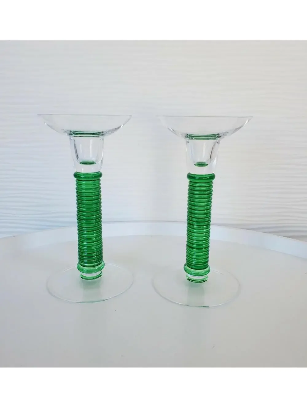 Vintage Green Spiral Glass Candlestick Holders 7